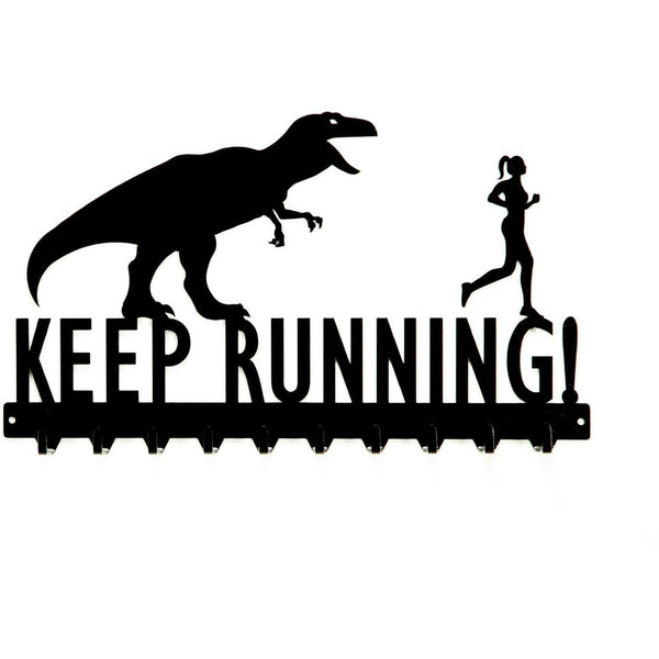 Keep Running T-Rex & Woman Medals Rack - Knob Creek Metal Arts