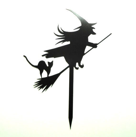 Witch on Broom with Black Cat Halloween Yard Garden Sign - Knob Creek Metal Arts